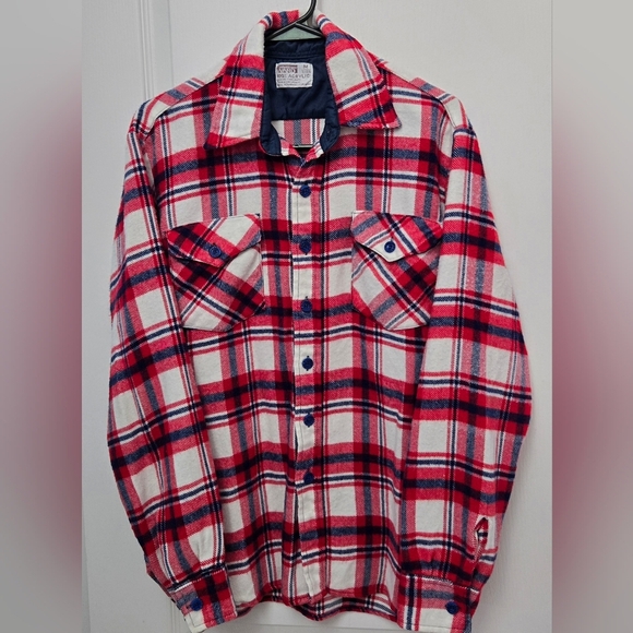 1970s Montgomery Ward Red Plaid Soft Flannel Shirt Jacket Sz M Unisex Fall - Picture 1 of 5